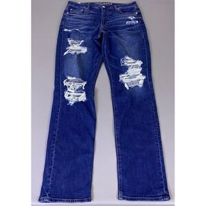 American Eagle Jeans Women 14 X-Long Blue Hi-Rise Slim Distressed Dark Wash X